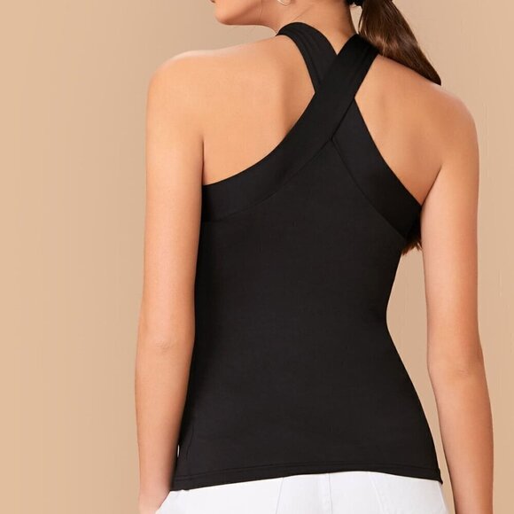 Black Casual Women's Form-Fitting Crisscross Halter Top - Picture 2 of 5